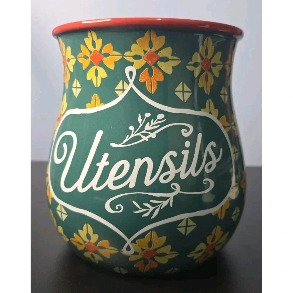 Pioneer Woman Ceramic Utensil Jar Floral Geo Green Yellow 2.5qt Dishwasher Safe